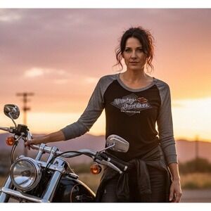 Harley-Davidson Tombstone AZ Long Sleeve V-Neck Shirt Women's L Black‎ Gray Logo